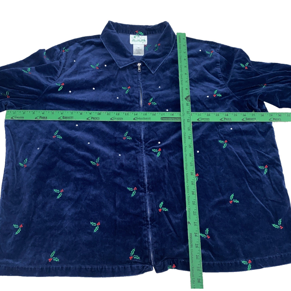 Quacker Factory Jacket Womens 3X Navy Blue Velvet Holly Oak Embroidered Holiday - Picture 3 of 6